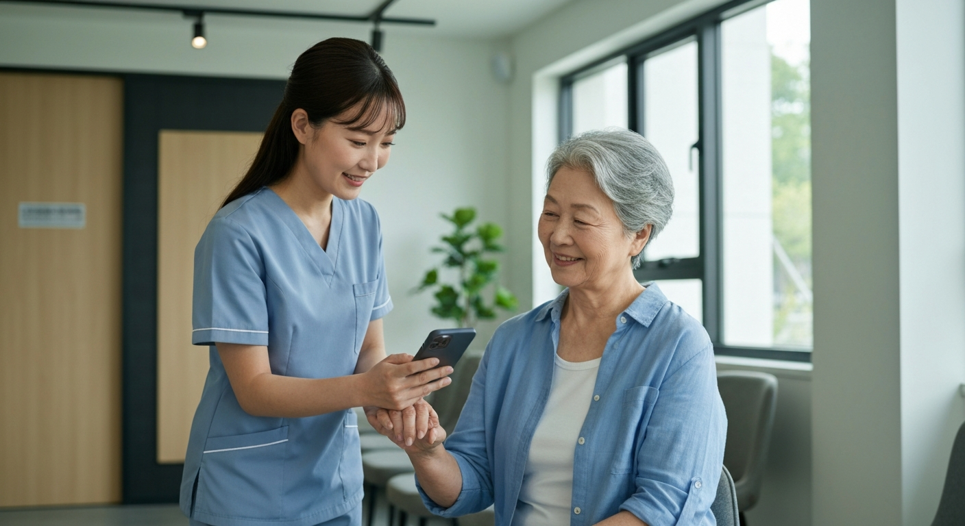 Clinic staff member assisting a patient with leaving a review on a mobile device