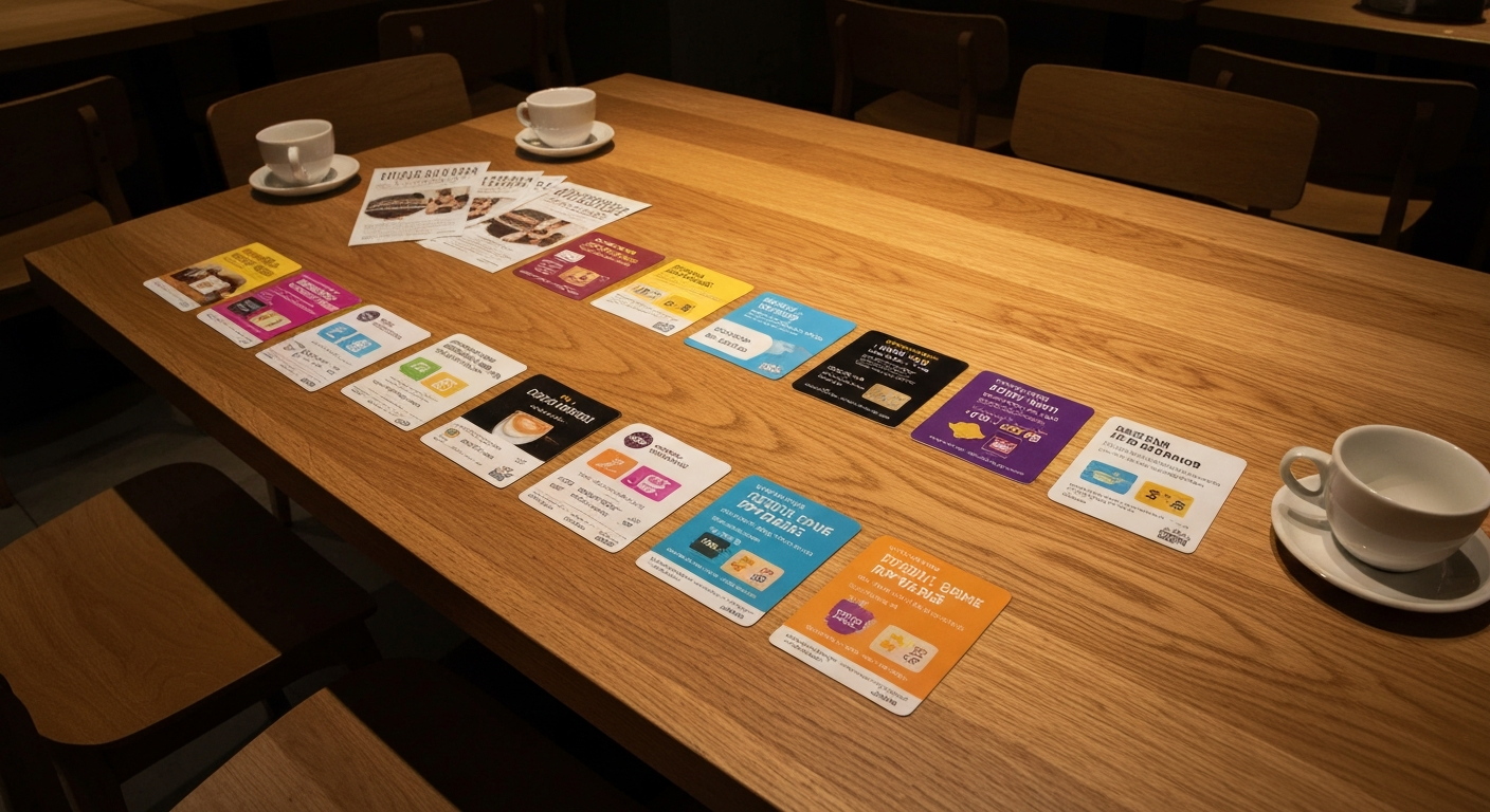 Loyalty program cards and rewards for repeat customers on a café table