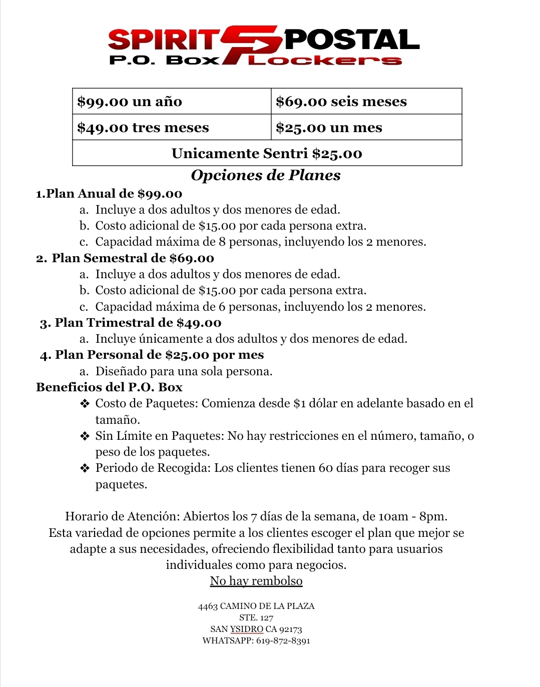 Precios de PO Box - Spirit Postal