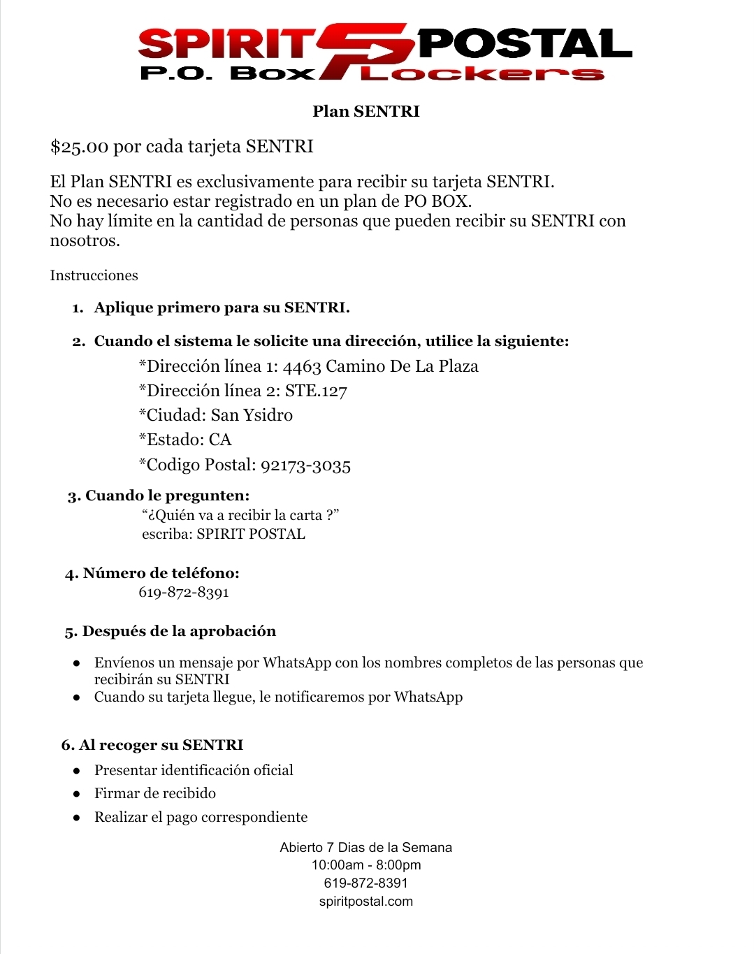 Plan SENTRI - Spirit Postal