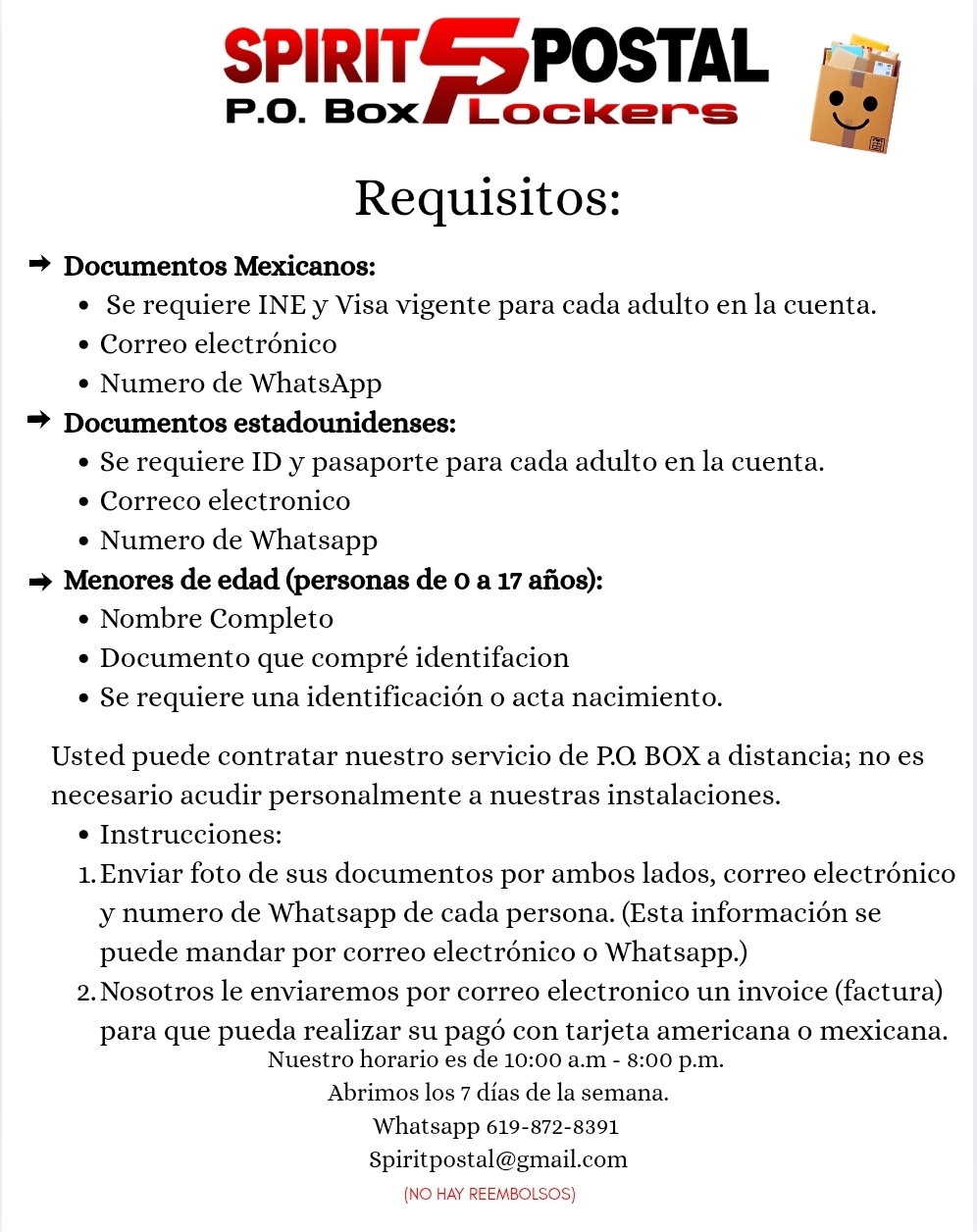 Requisitos para PO Box - Spirit Postal