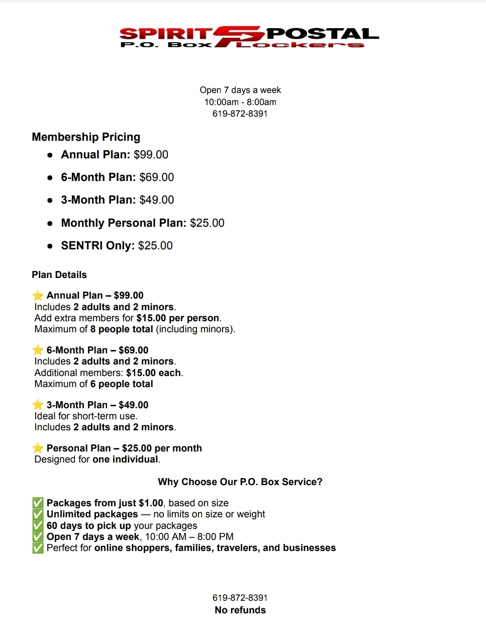 Spirit Postal PO Box Pricing Details