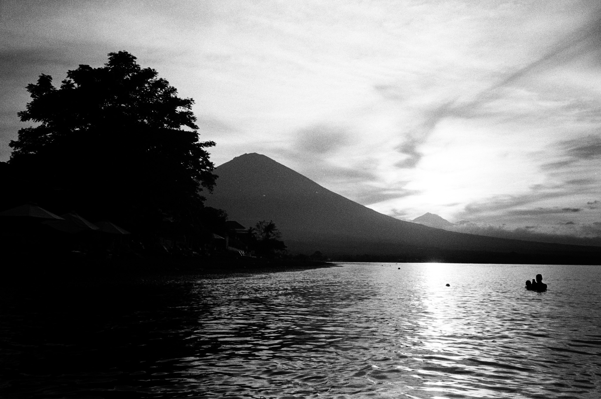 Brother and Sisterhood - Lake Volcano Silhouette Swimmers B&W