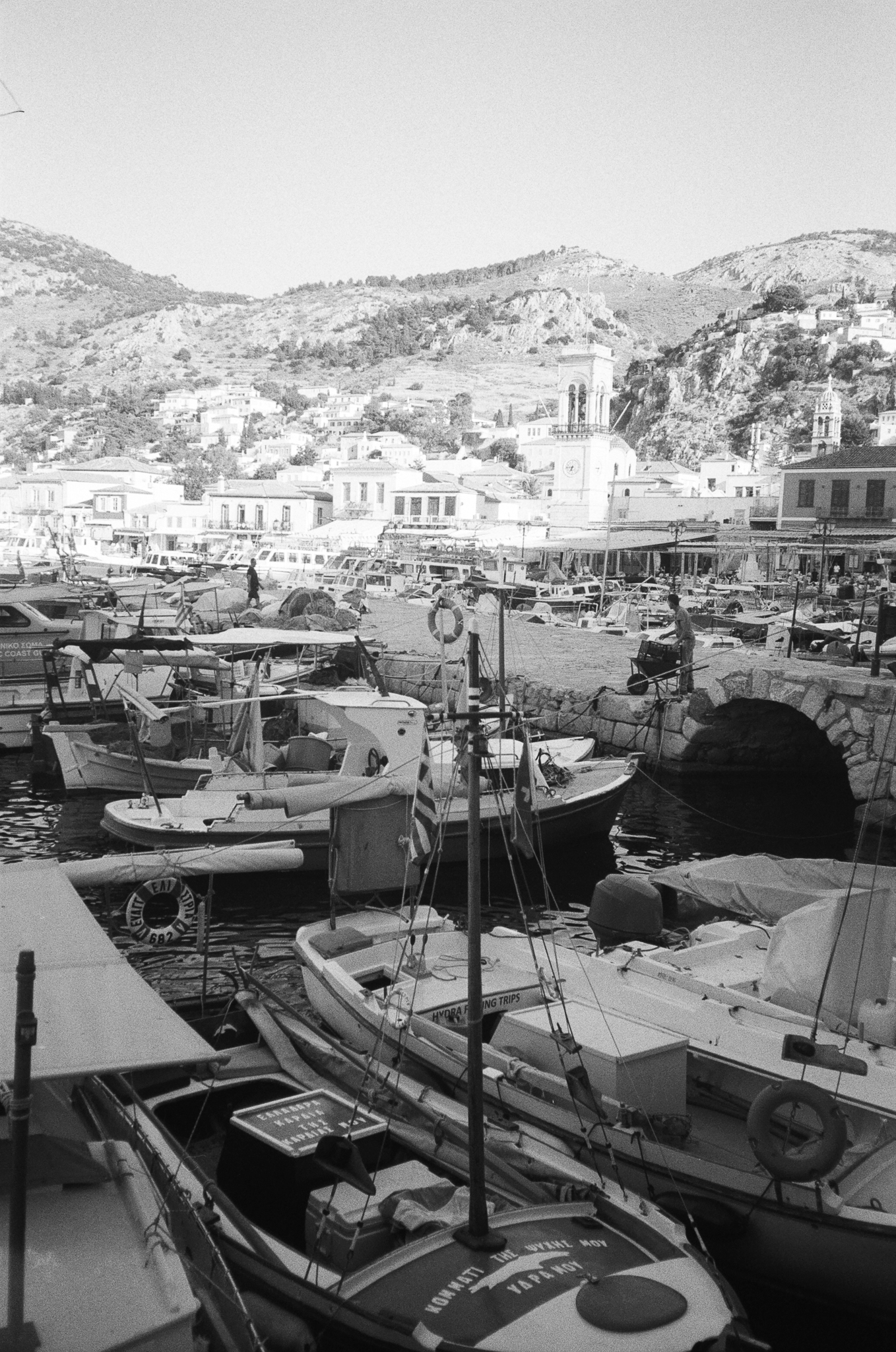 Stories of Greece - Hydra Harbor Wide B&W