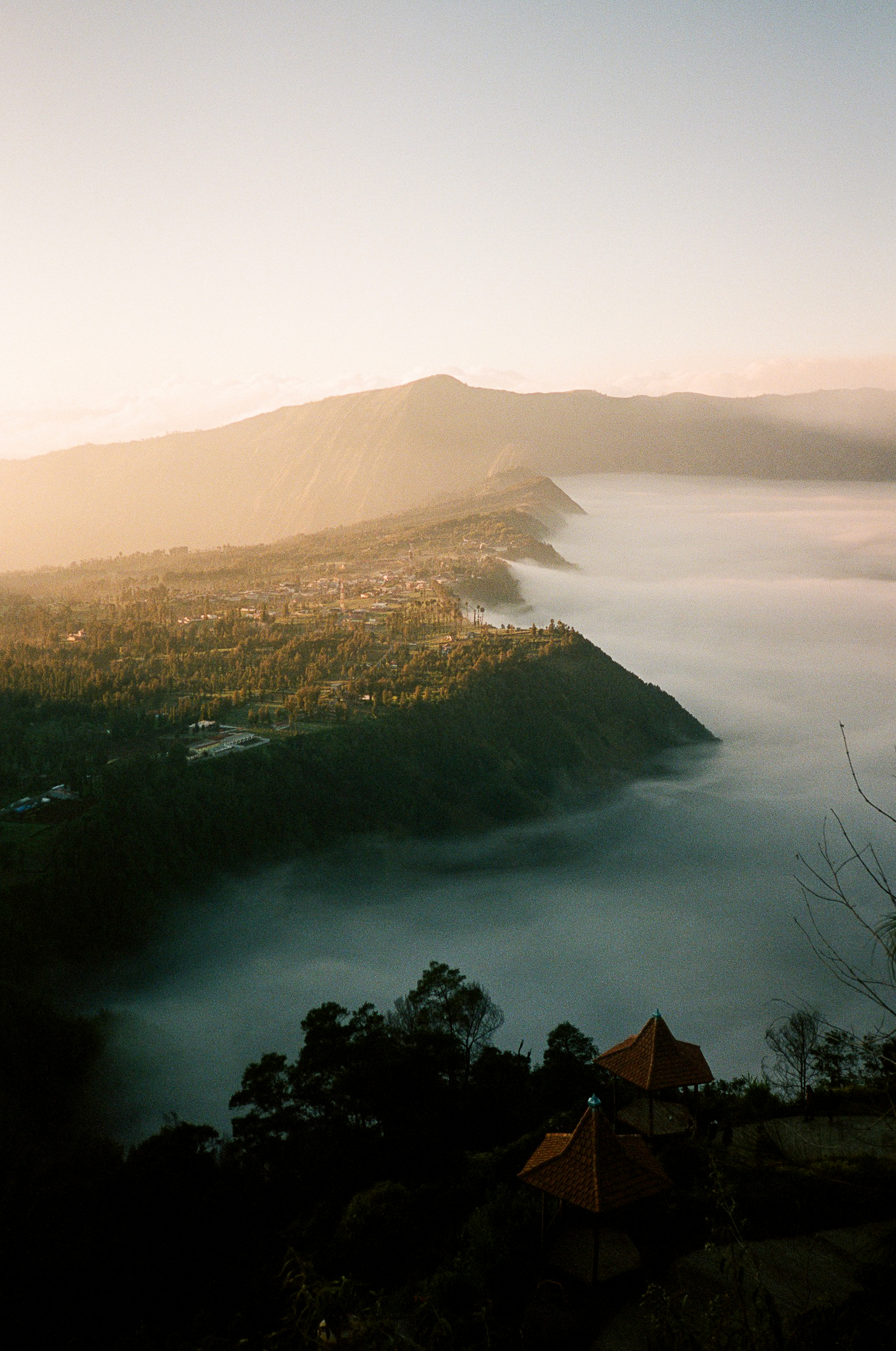 Echoes of Bromo - Mountain Valley at Golden Hour with Viewing Pavilion