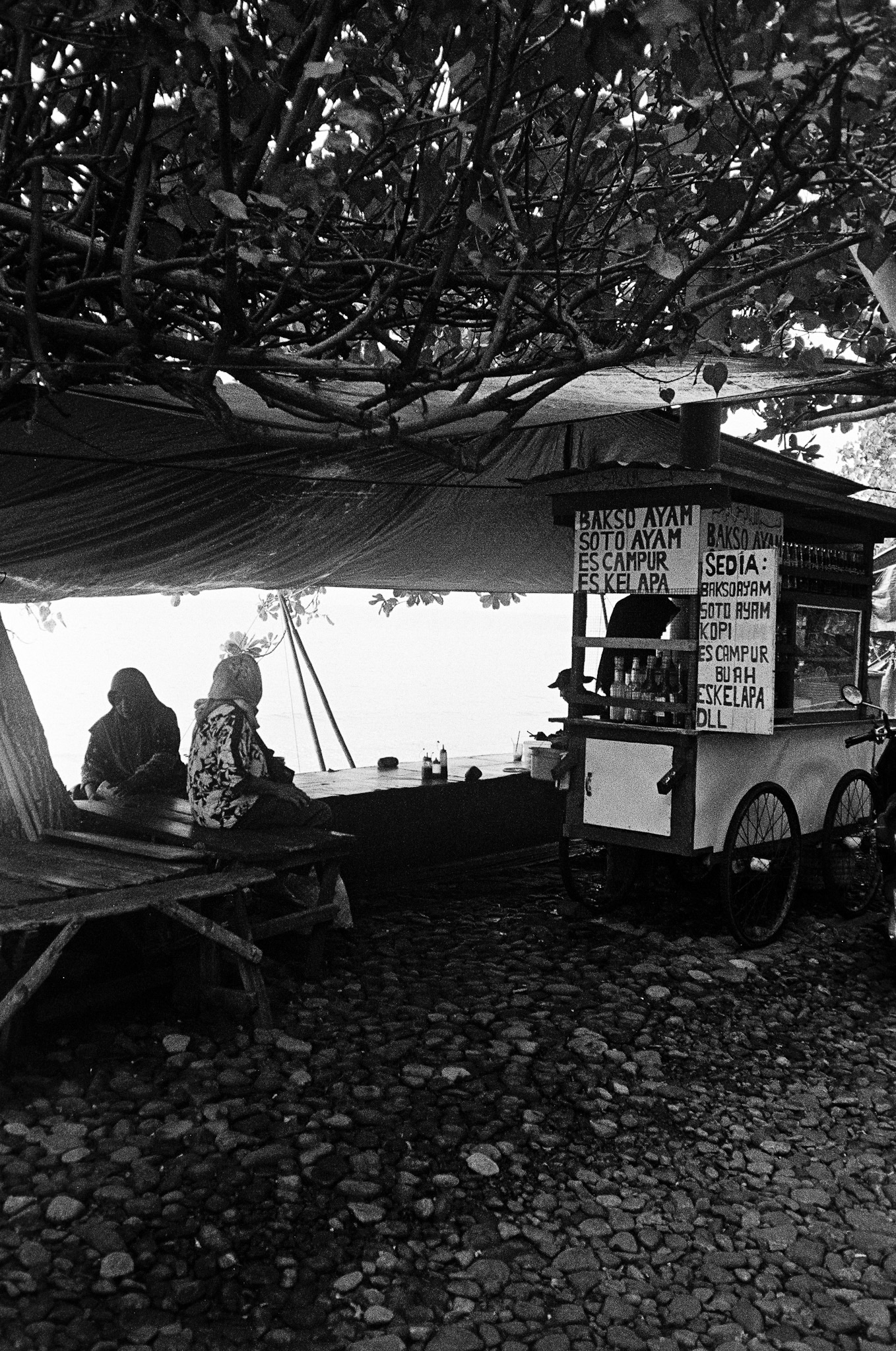 Island of the Gods - Food Cart Waterfront B&W