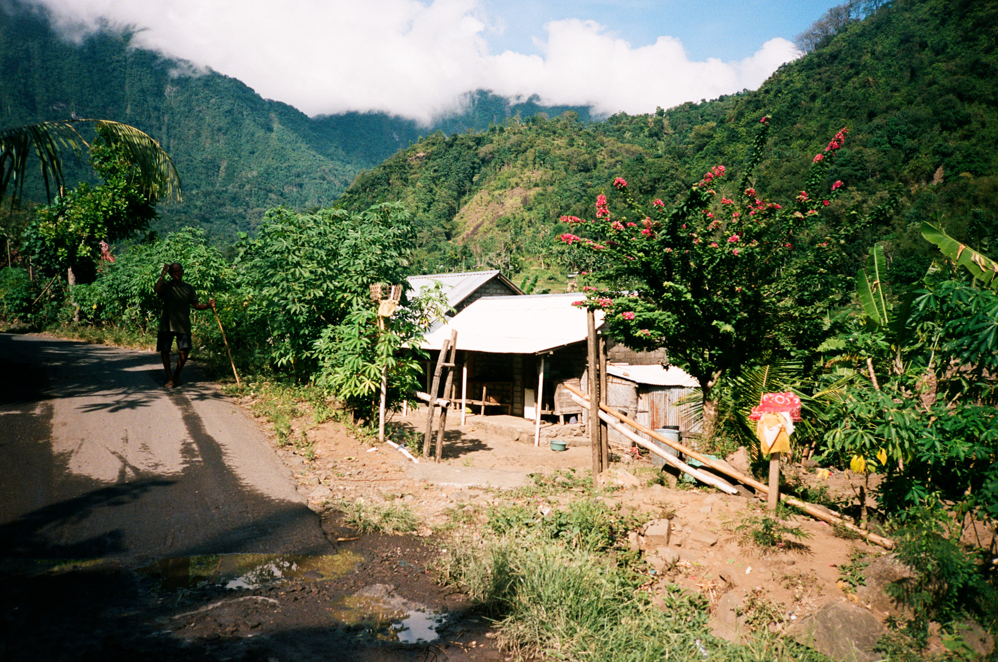 Island of the Gods - Village Road with Man Walking and Mountain Backdrop