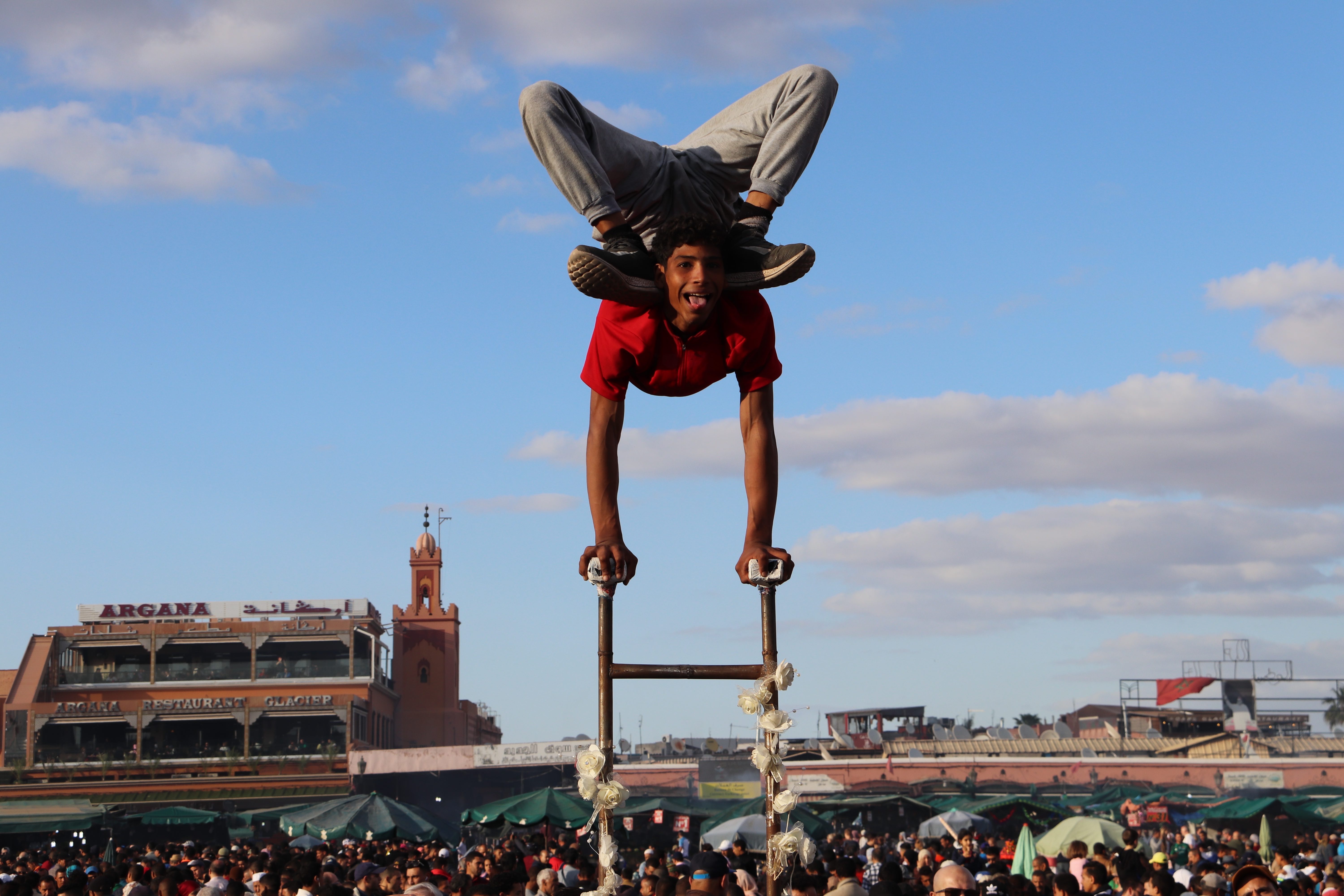 Morocco 2018 - Acrobat on High Posts in Jemaa el-Fnaa