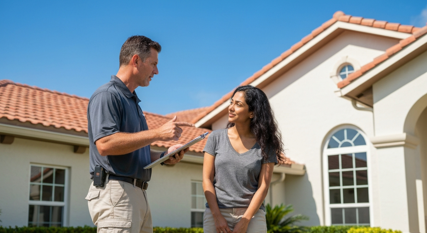 Professional roofing contractor providing a free roofing estimate to a homeowner in Florida