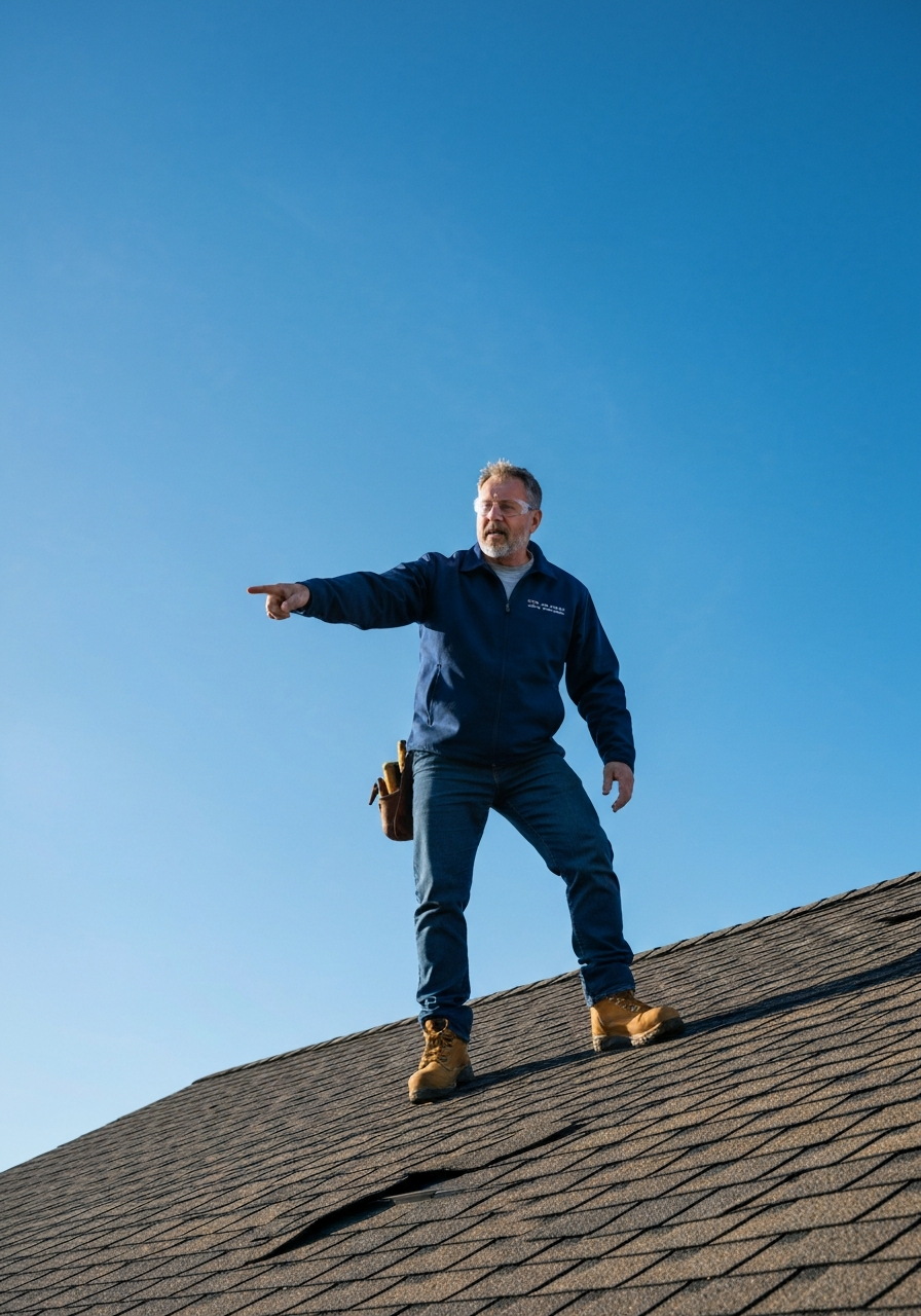 Roofing inspector pointing at wind-lifted shingles