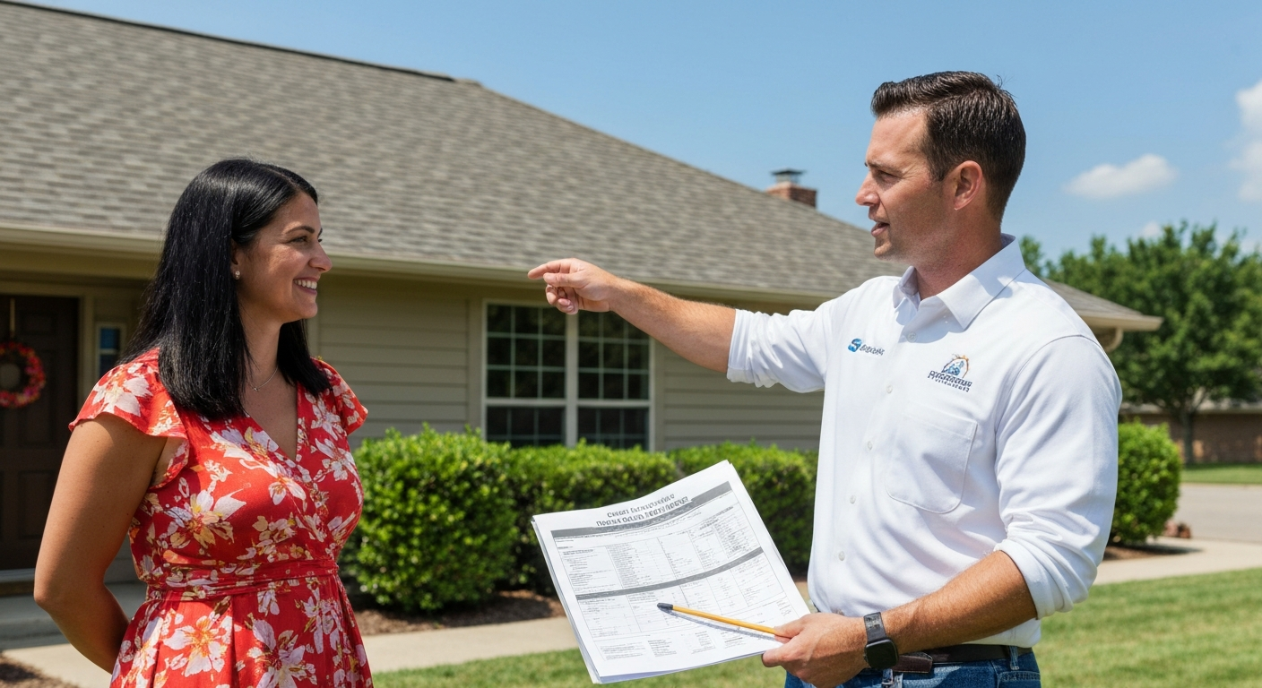 Professional roofing contractor explaining a roof estimate and inspection report to a homeowner