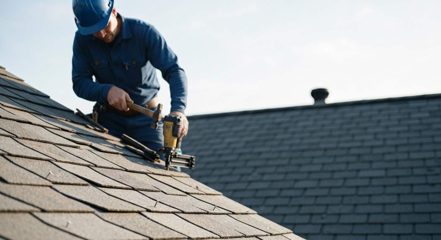 Professional roof repair scene