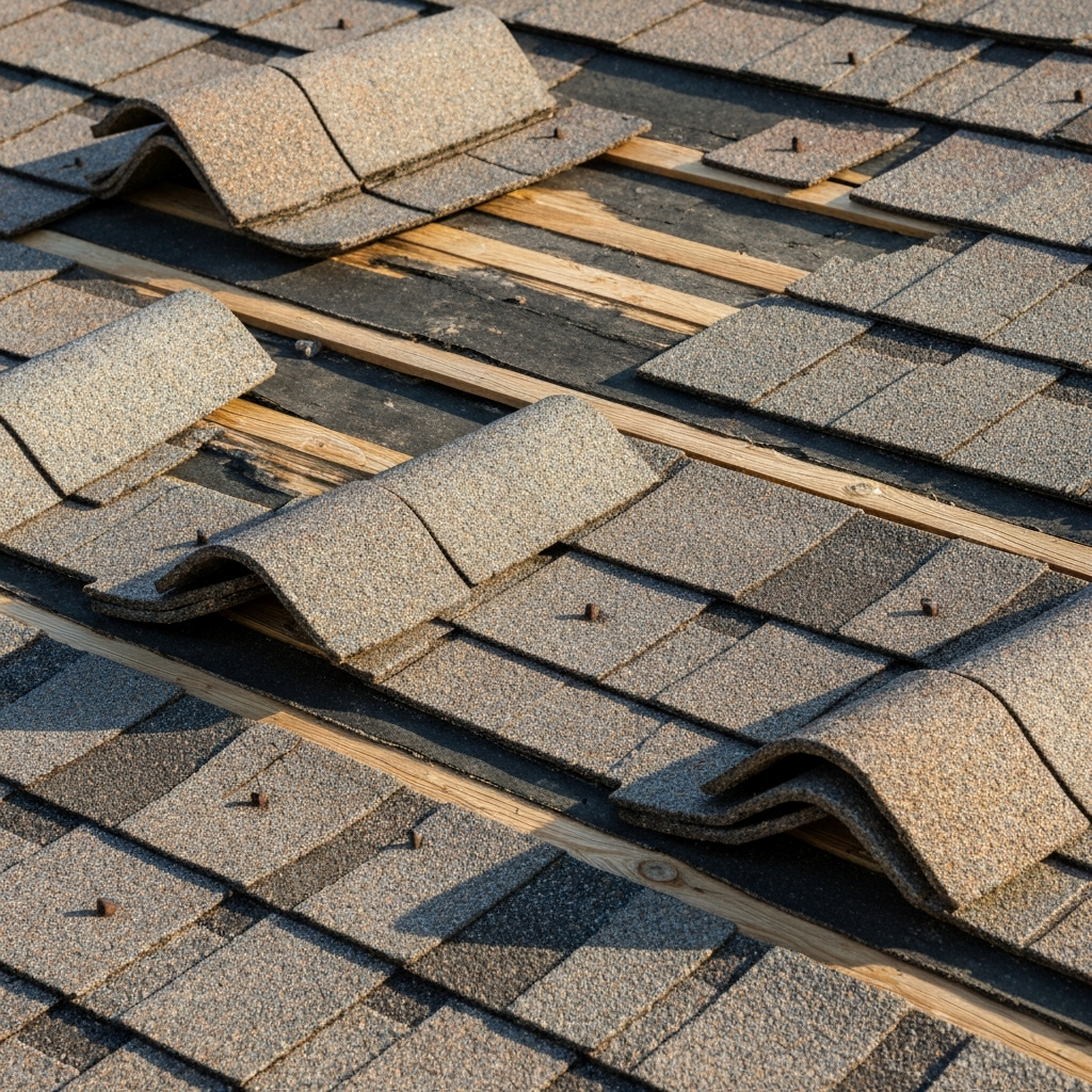 Damaged roof with missing shingles