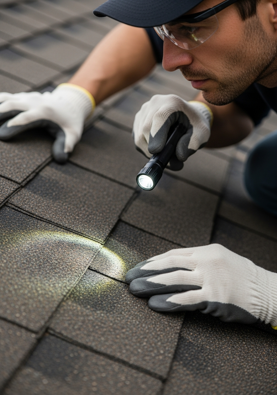 Roof maintenance professional inspecting shingles