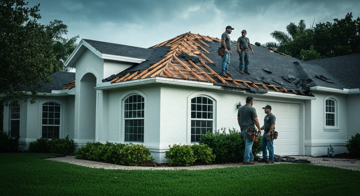 Florida home after a severe storm with professional roofing crew assessing damage