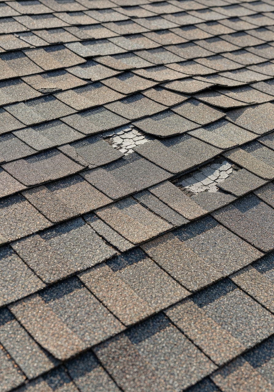 Damaged roof with missing shingles