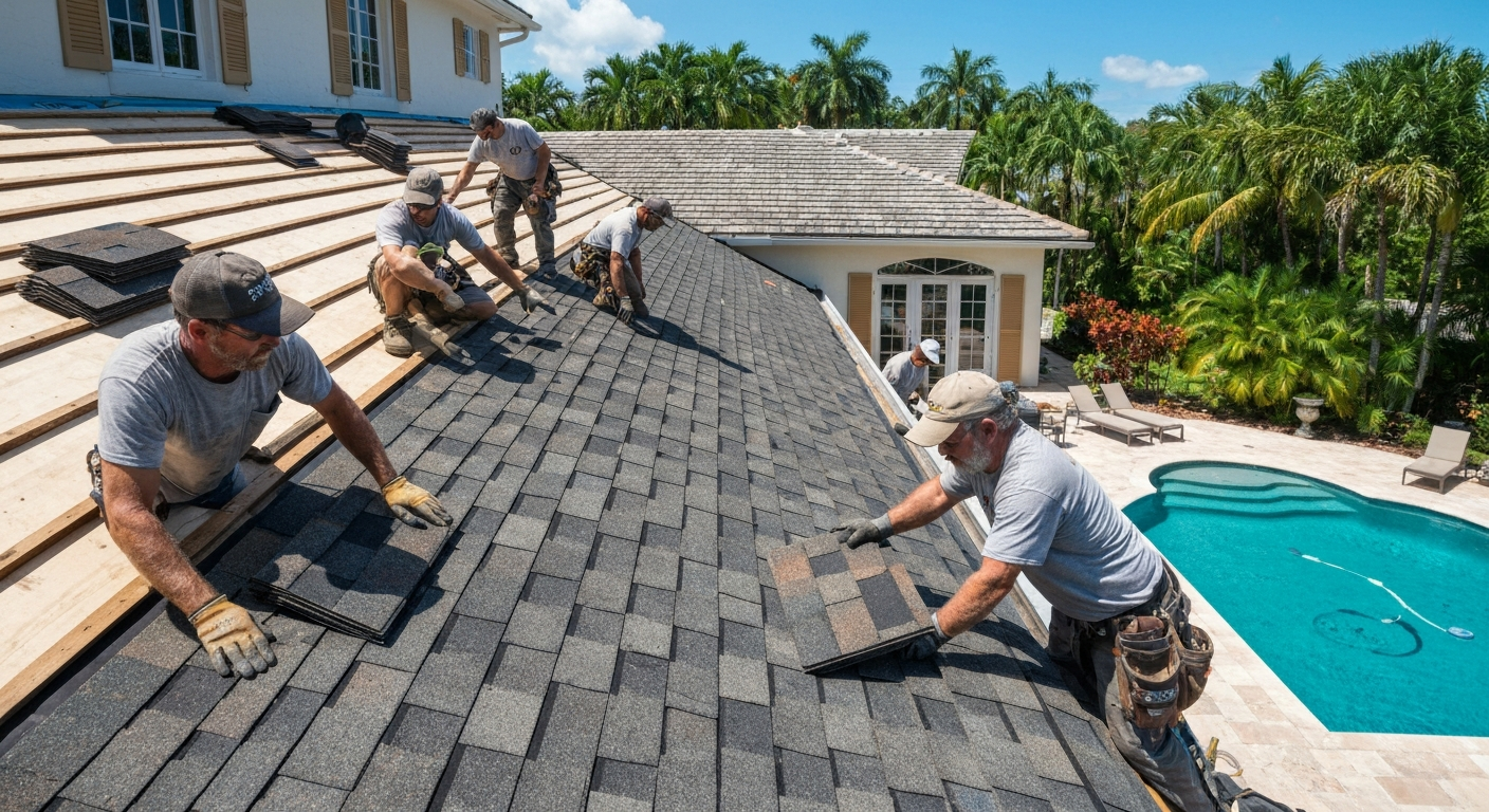 Professional roofing crew installing a new architectural shingle roof in Florida