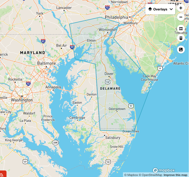 Map of Delaware and surrounding service areas
