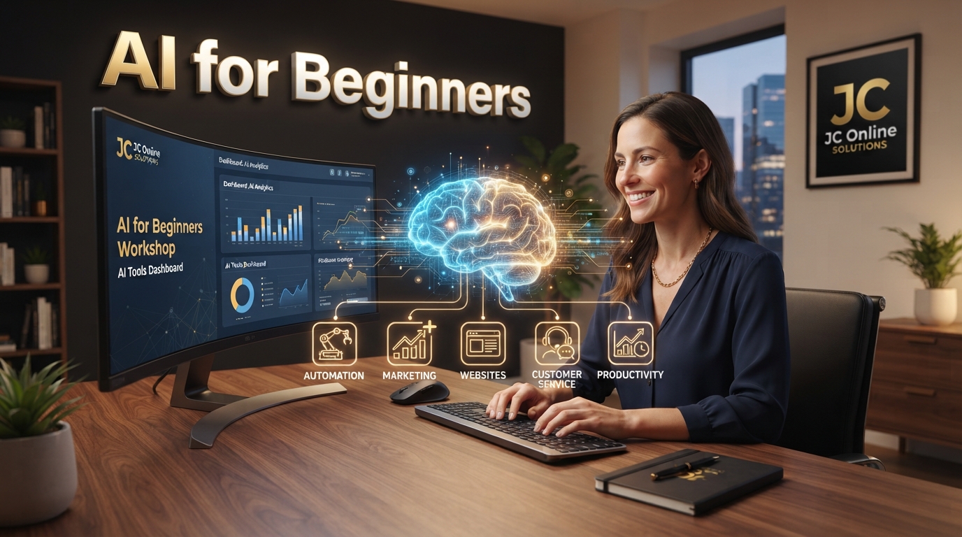 AI for Beginners guide by JC Online Solutions showing a business owner using artificial intelligence to improve productivity.