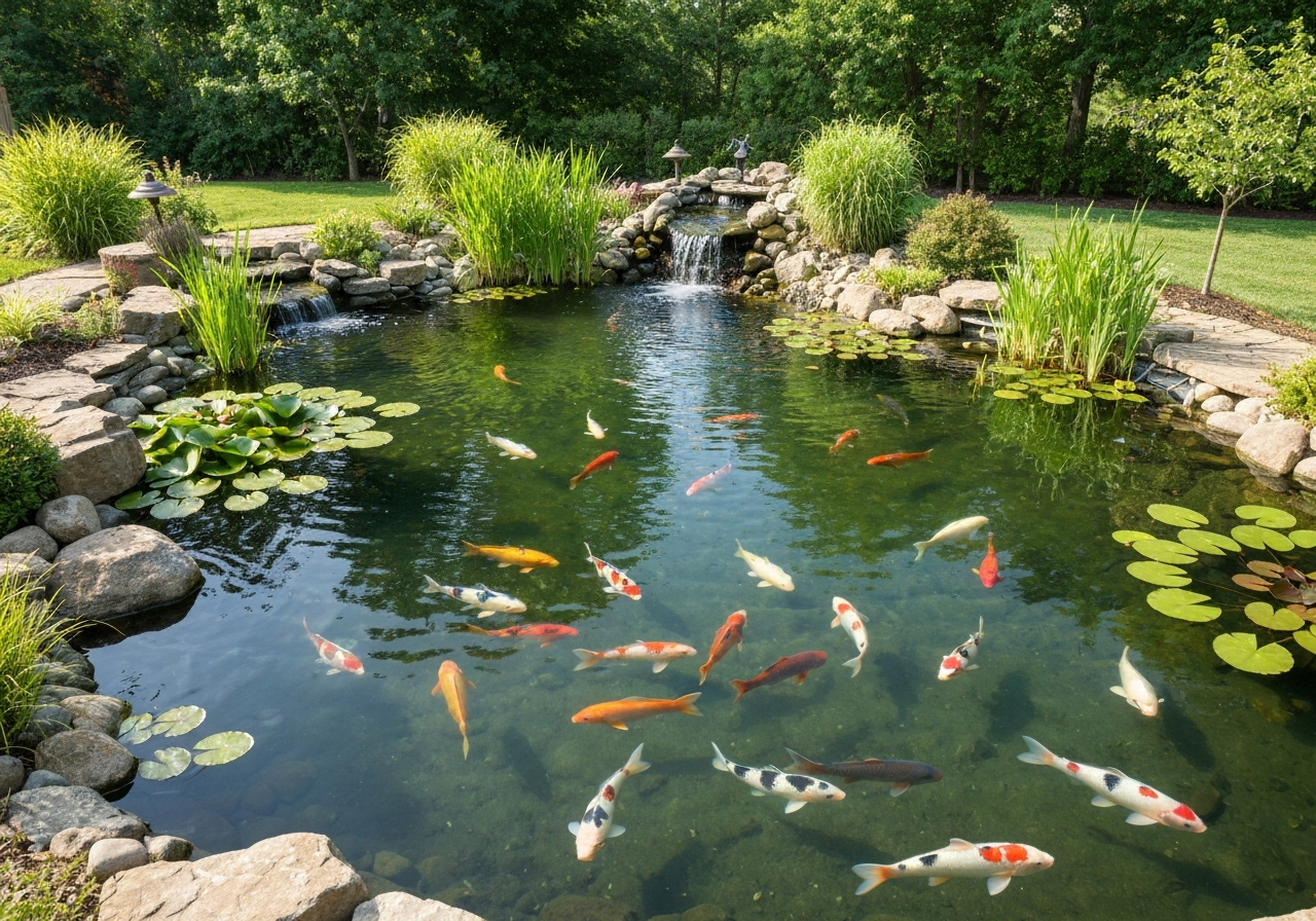 Custom backyard koi pond with waterfall