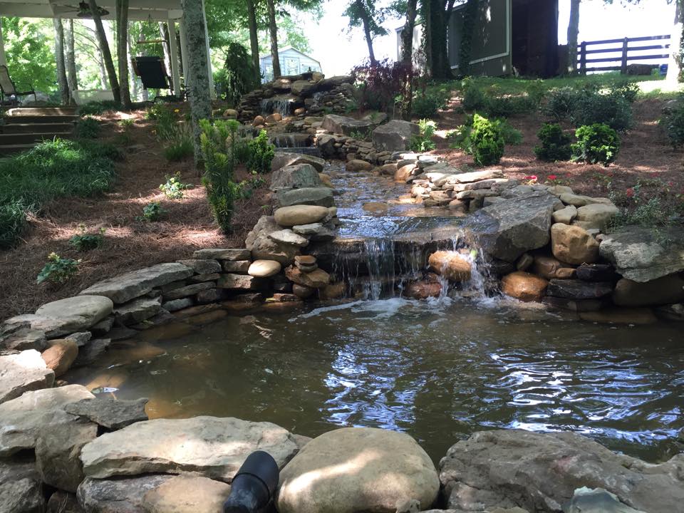 Large backyard pond with waterfall feature
