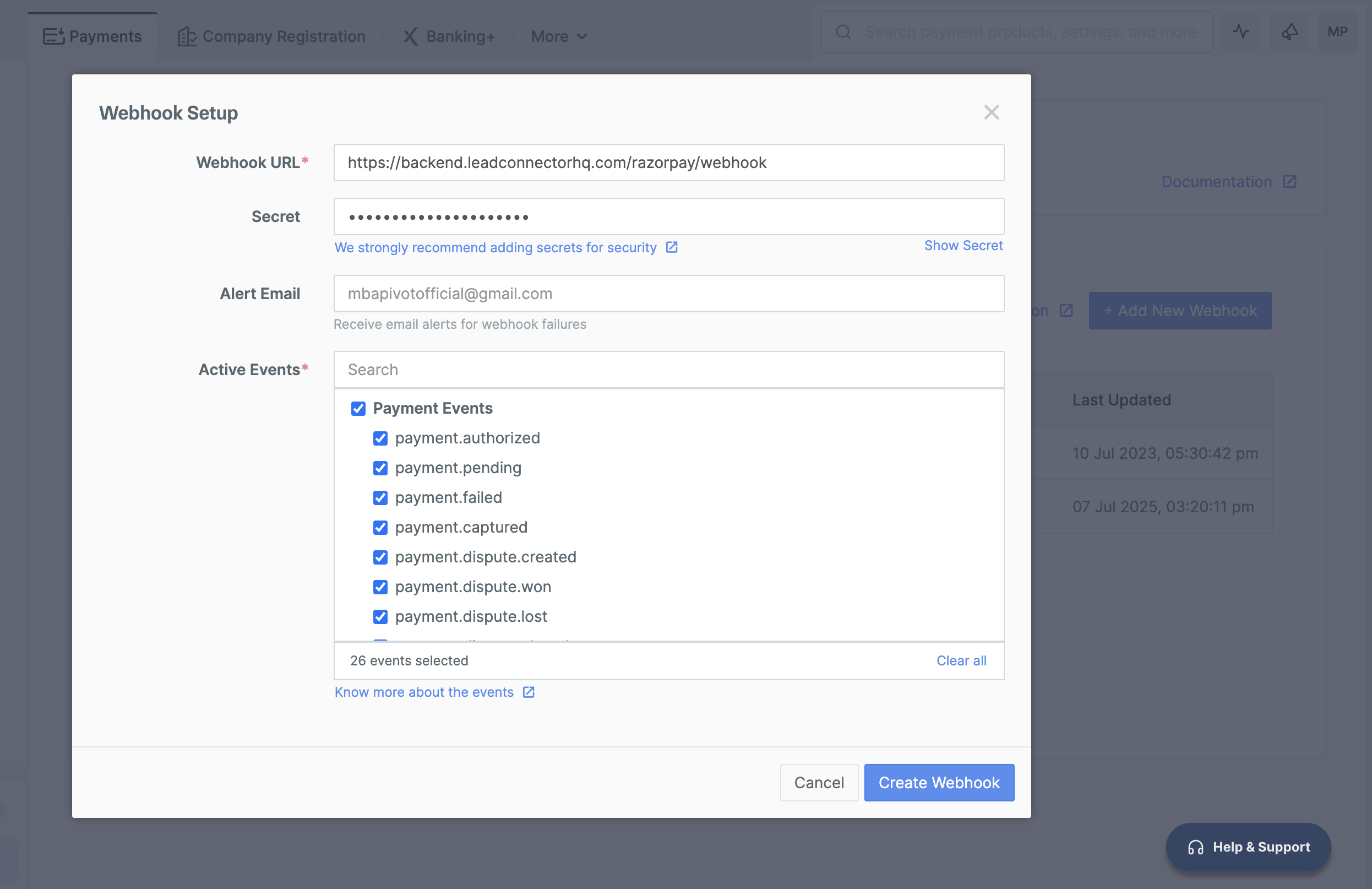 Webhook setup