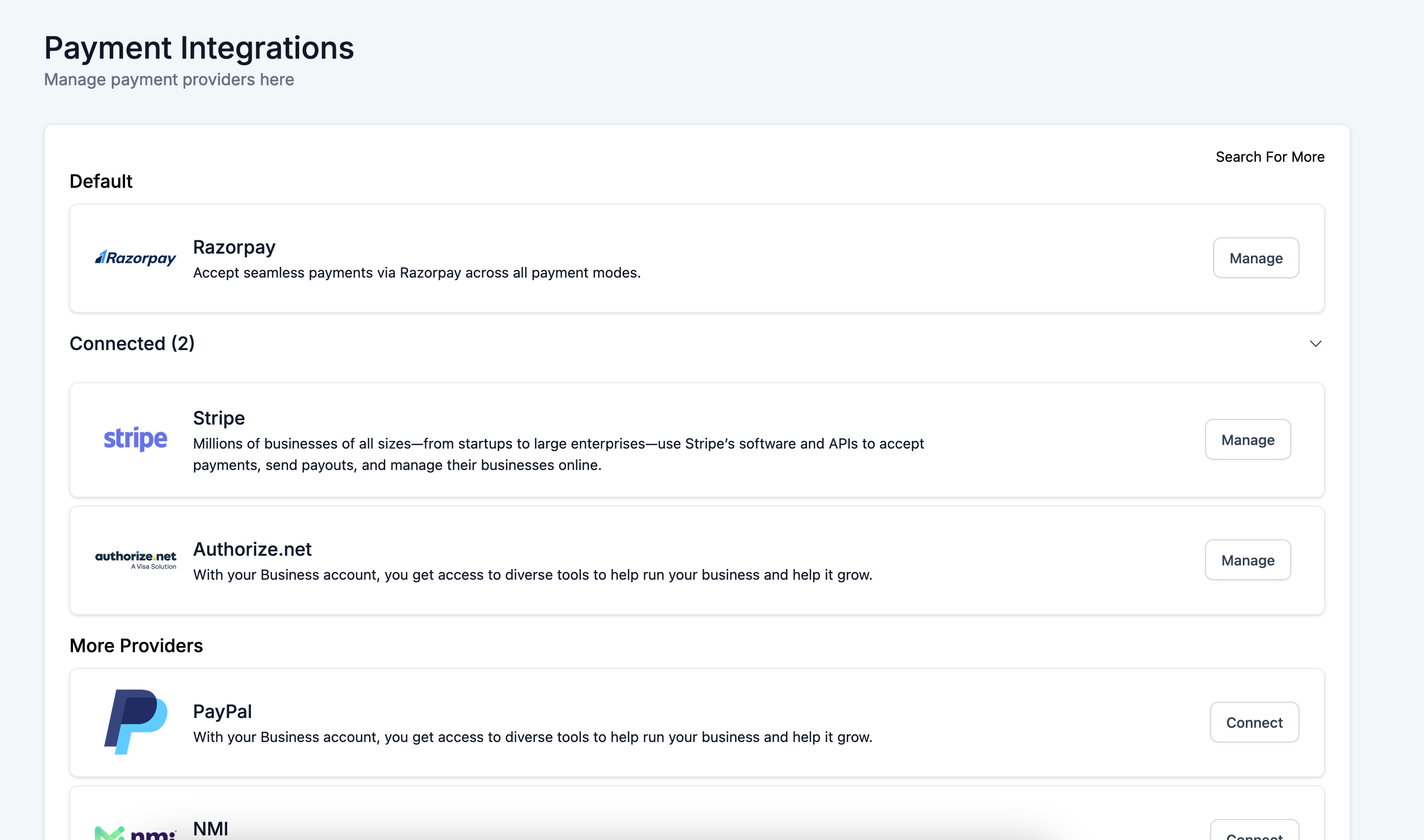 Screenshot showing the Payment Integrations menu in 1CloudAI CRM