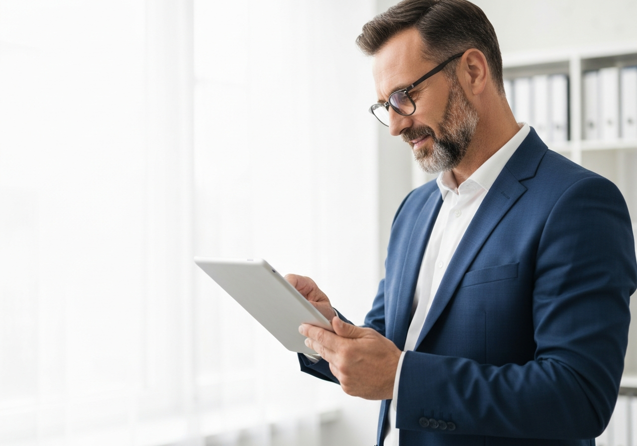 Professional reviewing streamlined workflow on tablet
