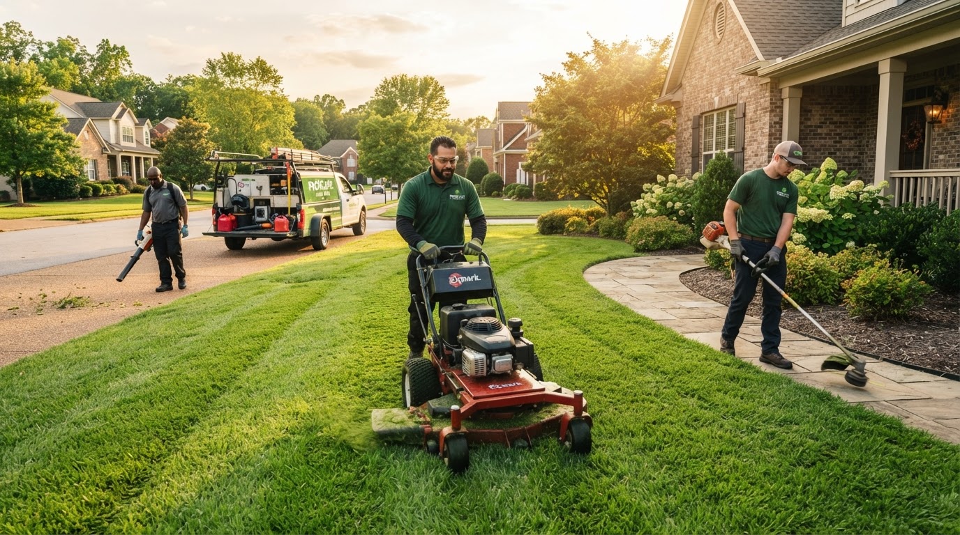 Professional lawn care team at work