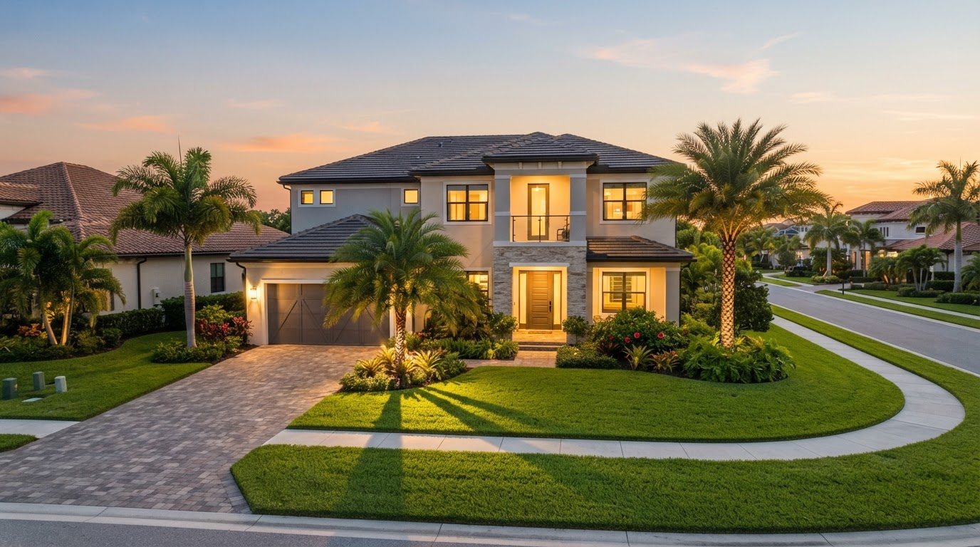 Florida single-family home exterior at golden hour