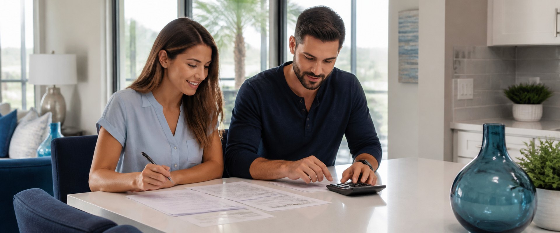 Buyers at a kitchen island going over loan paperwork with a calculator