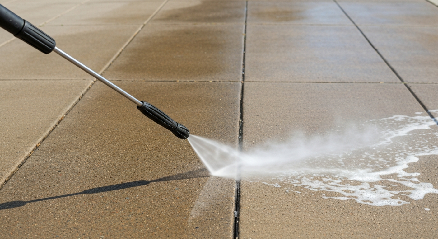 Close up of a pressure washer wand cleaning concrete