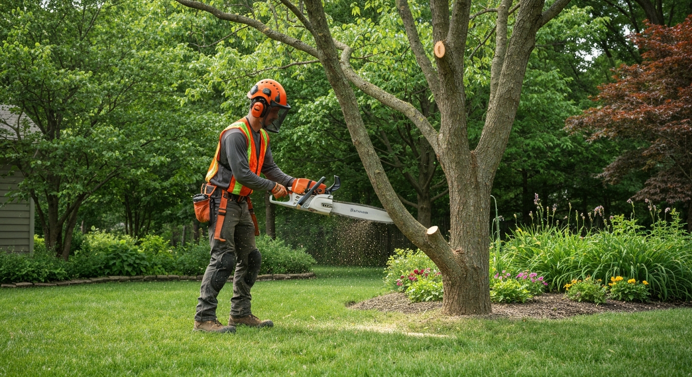 Professional arborist safely cutting a tree branch
