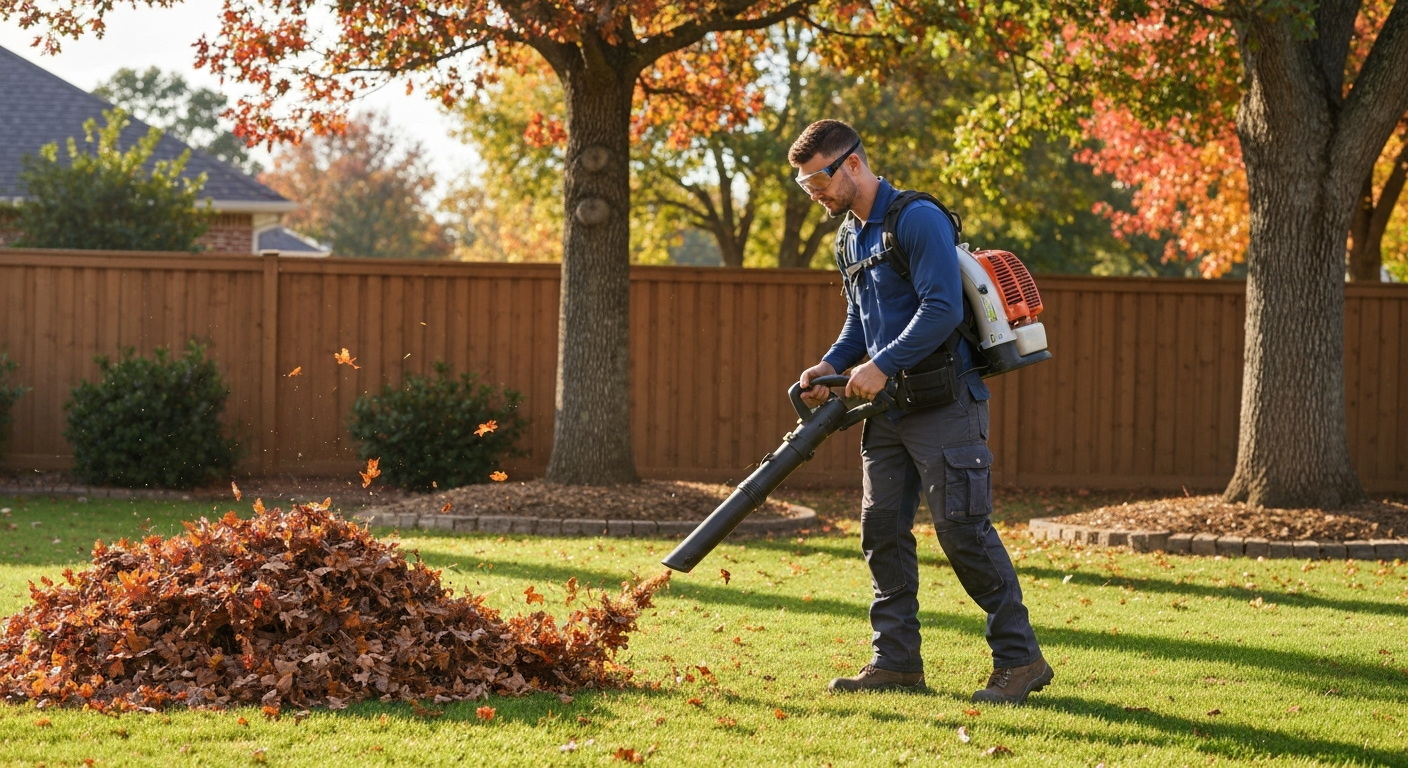 Professional using a backpack leaf blower for yard cleanup