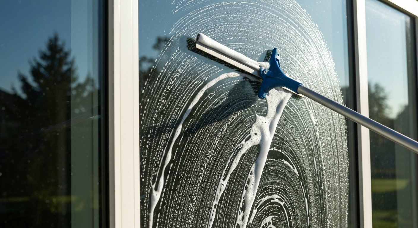 Squeegee cleaning a large residential window