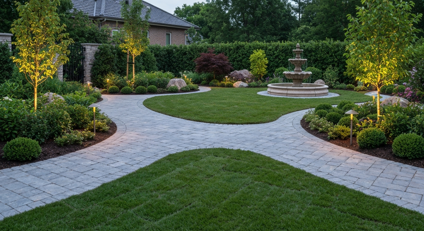 Beautifully designed backyard garden with a curved stone path