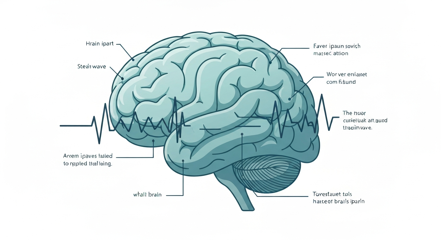 A friendly and modern graphic illustration of a child's brainwave activity in calming teal and steel blue tones