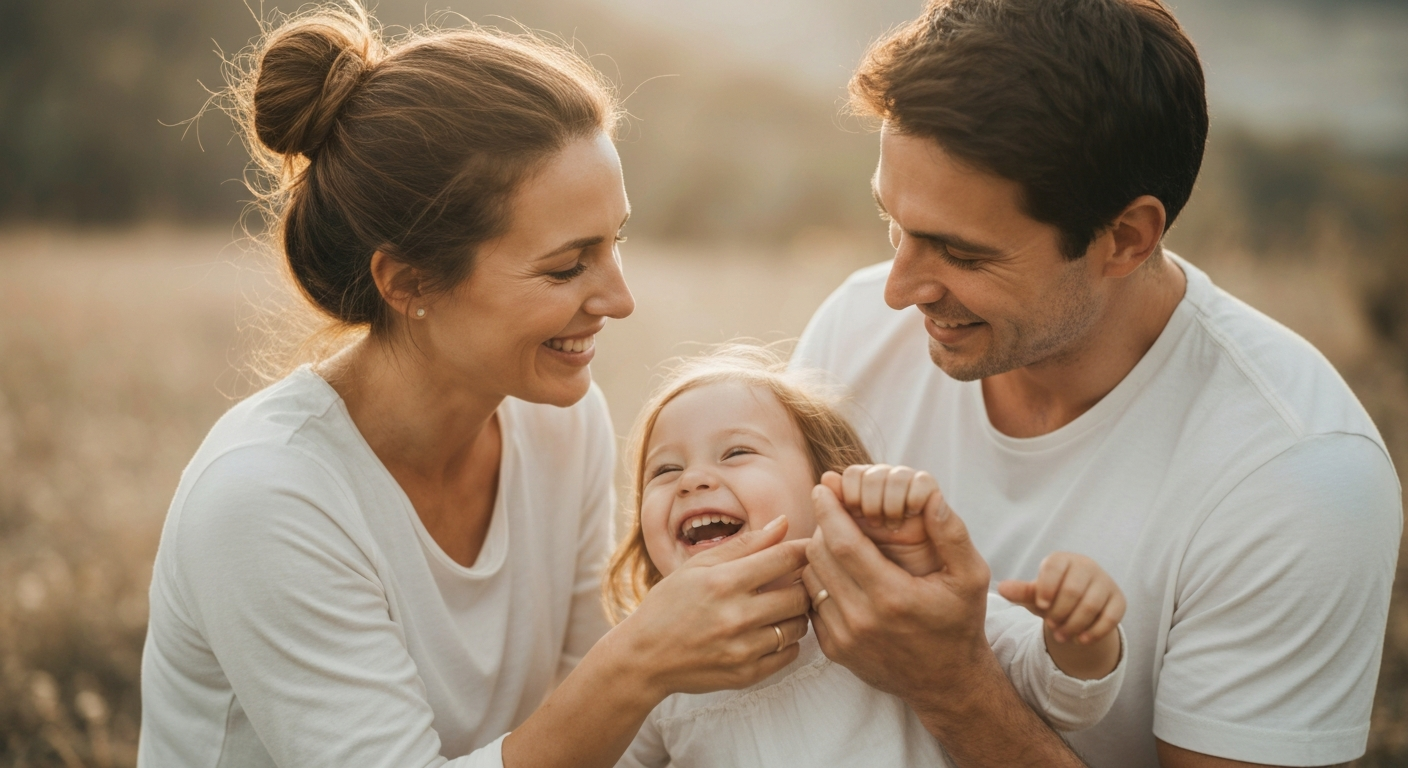 A warm lifestyle image of a happy family in a peaceful setting