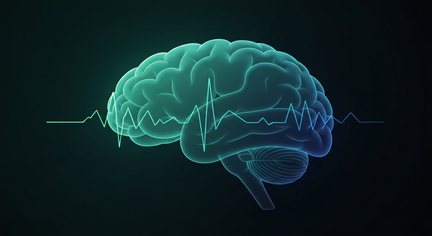 A clean, modern visual showing abstract brainwave activity in teal and steel blue