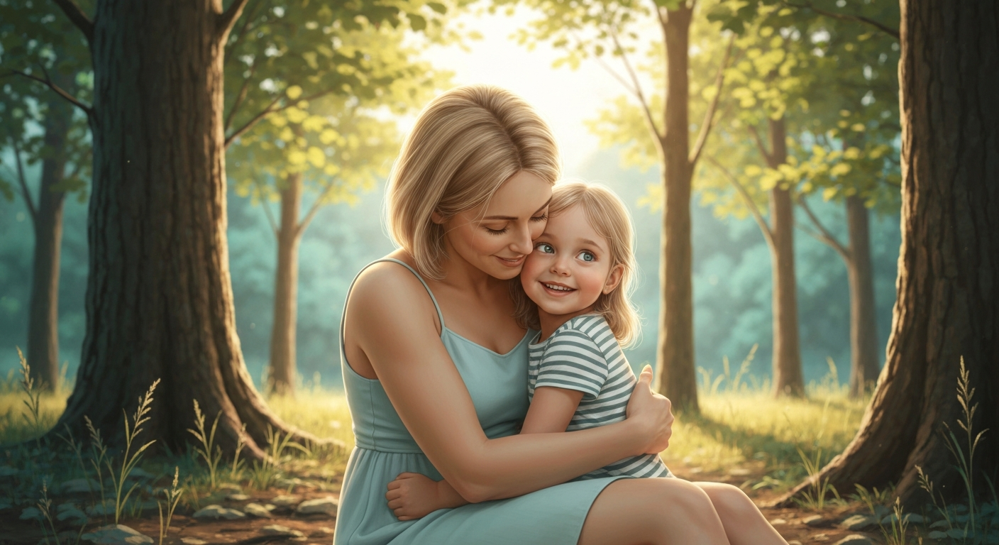 A warm lifestyle image of a parent and child sharing a happy, calm moment outdoors