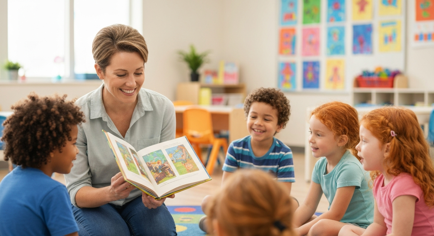 Caring preschool teacher reading to a diverse group of happy children