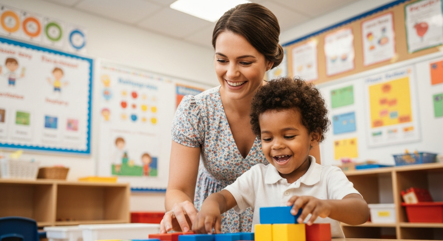 A heartwarming photo of a preschool teacher gently guiding a young child with a learning activity