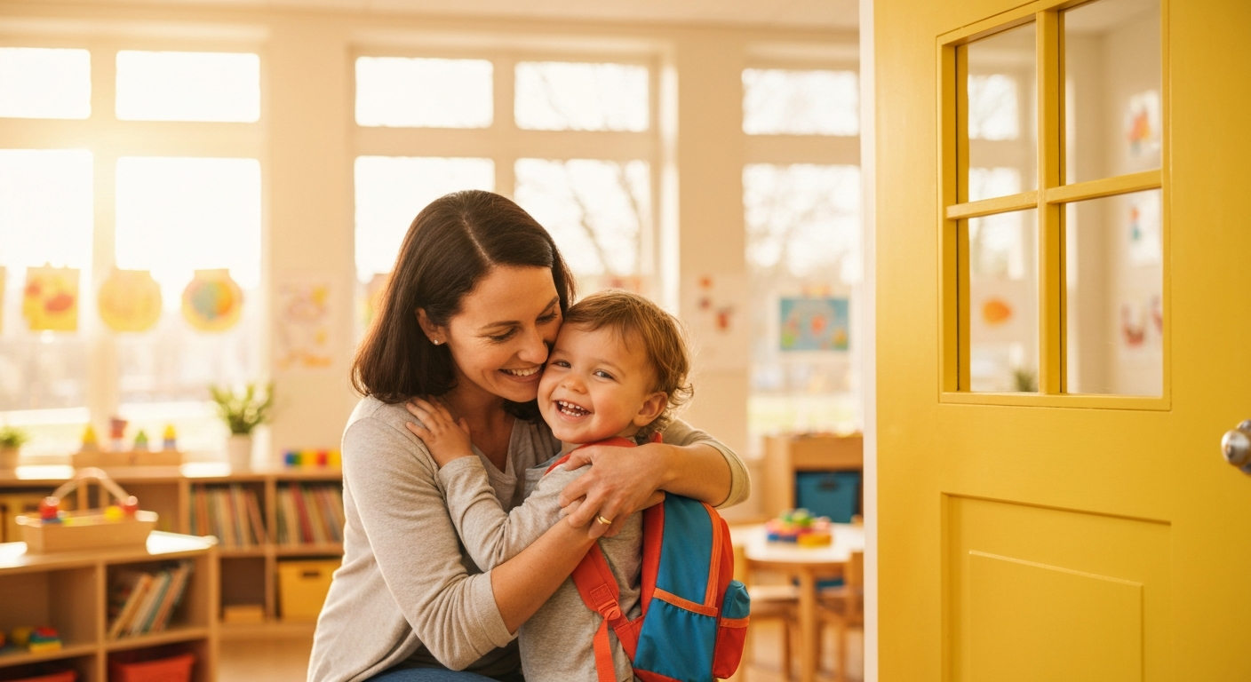 Child and teacher happily interacting on the first day of preschool