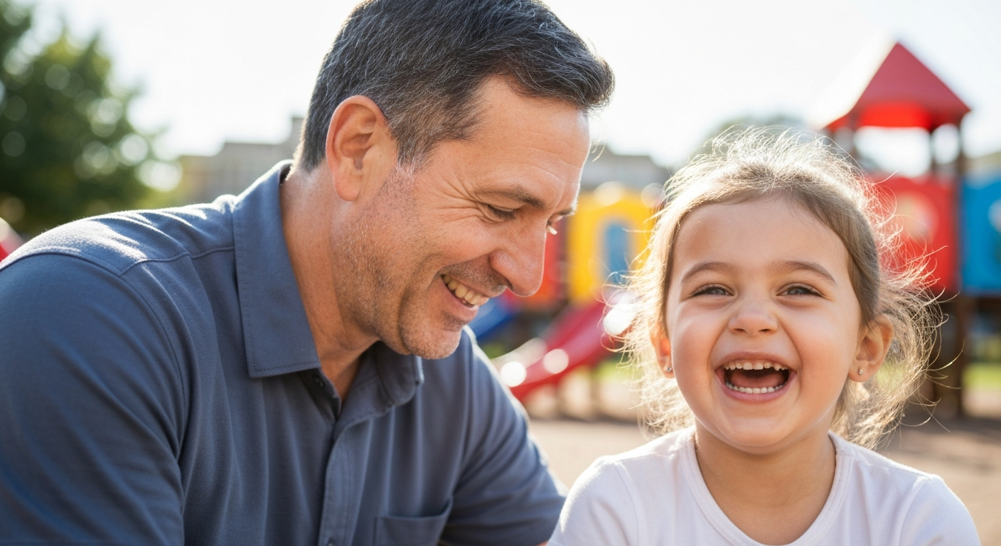 A heartwarming photo of a caring preschool teacher and a child laughing together outdoors