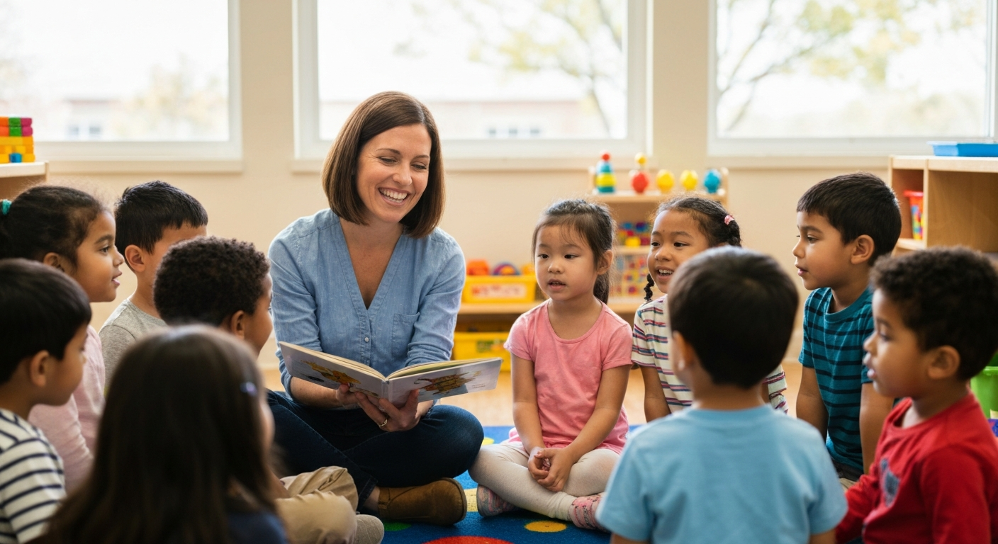 A heartwarming photo of a caring preschool teacher reading to children in a bright classroom