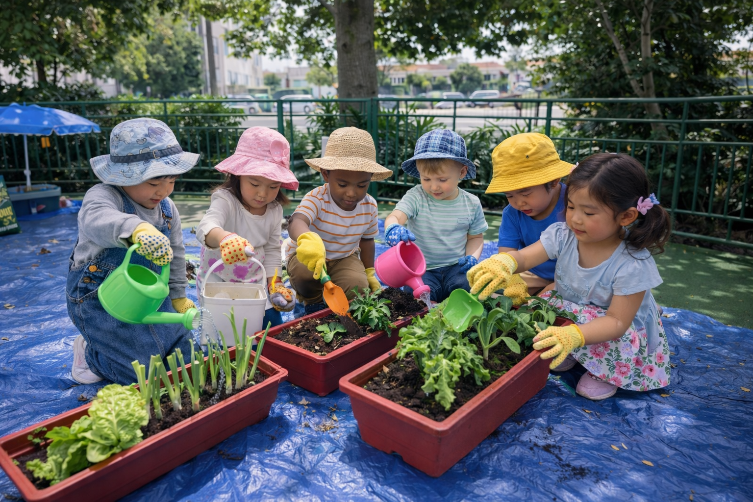 Preschool kids having fun during outdoor recess at Agape Koreatown