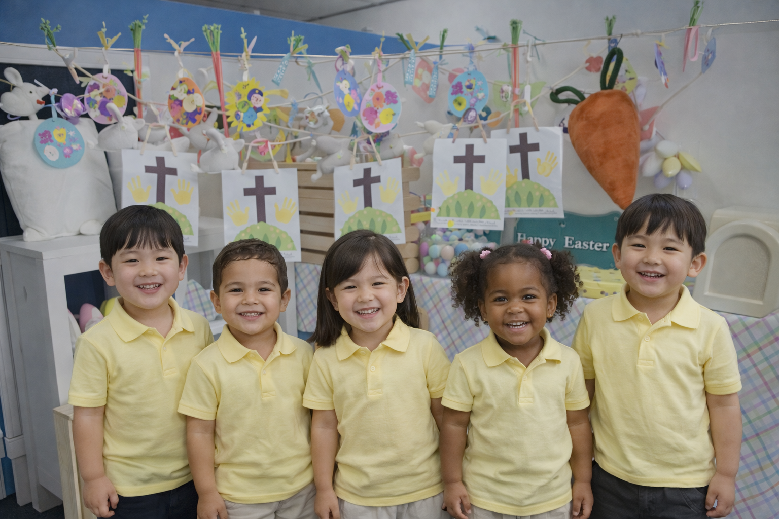 Diverse group of preschool children smiling together at Agape Christian Preschool Los Angeles