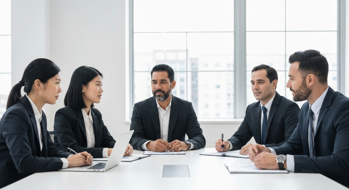 Professional diverse business team having a meeting in a bright, modern corporate office