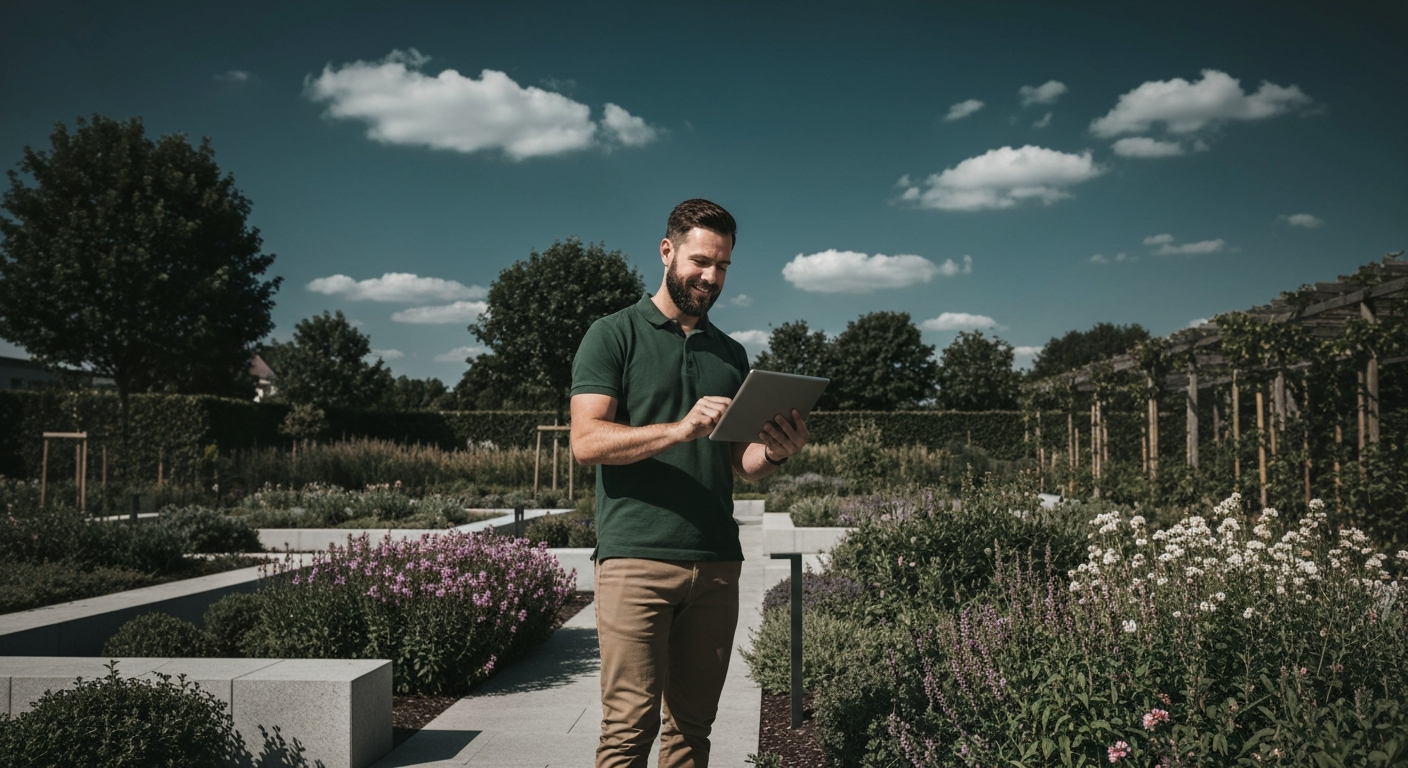 Landscaper using tablet on job site