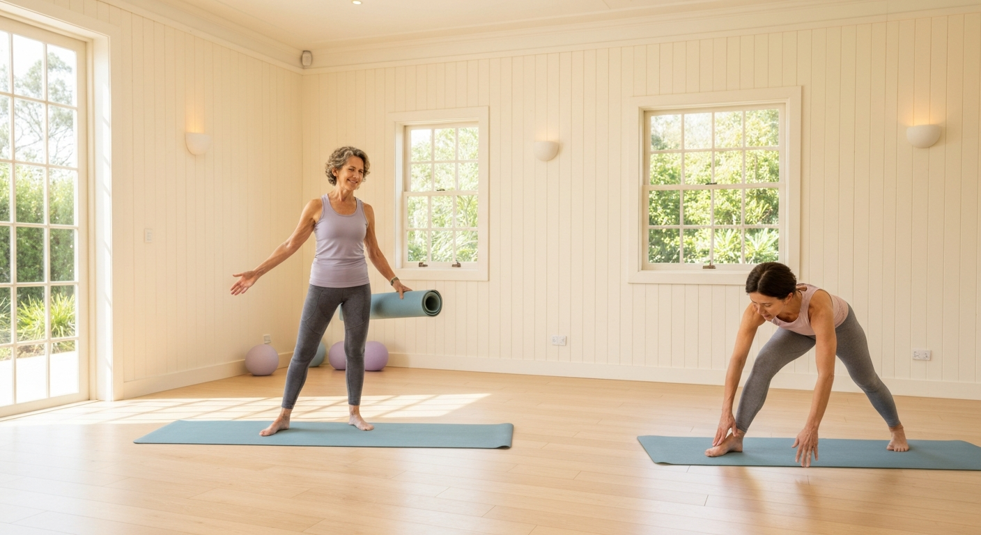 Professional Australian yoga and pilates instructor in a bright, modern studio